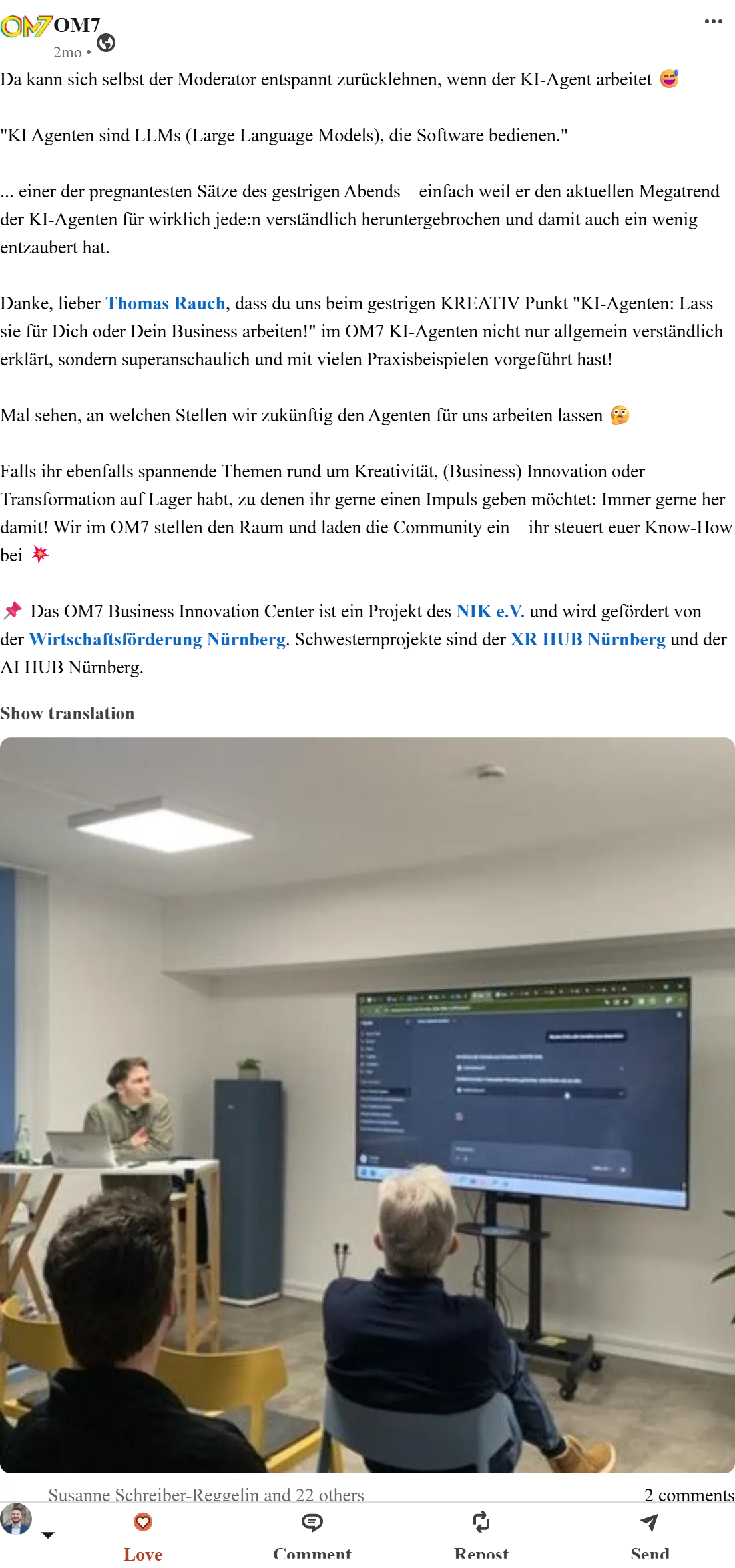 LinkedIn-Post vom OM7 Nürnberg nach dem KI-Agenten-Vortrag mit Thomas Rauch ('Da kann sich selbst der Moderator entspannt zurücklehnen')
